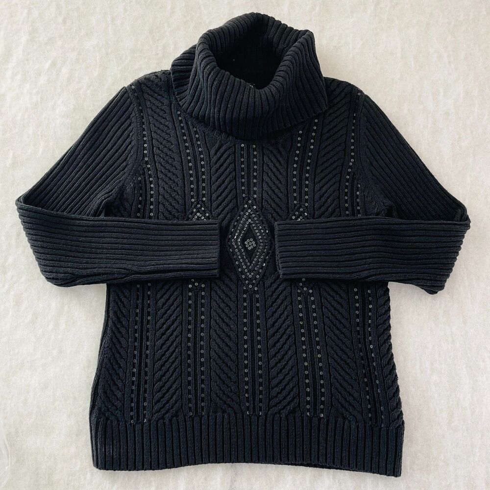 Talbots Womens Black Turtleneck Heavy Weight Sequin Wool Blend Sweater Size XL